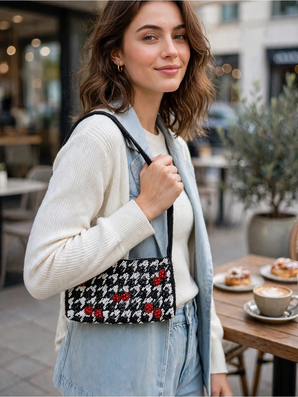 Beaded Houndstooth Cherry Shoulder Bag - Black/White/Red